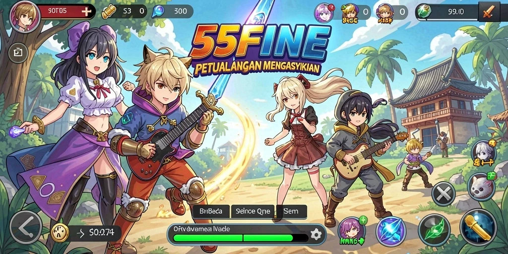 Tampilan gameplay seru dari 55FIVE yang menampilkan petualangan Anime.