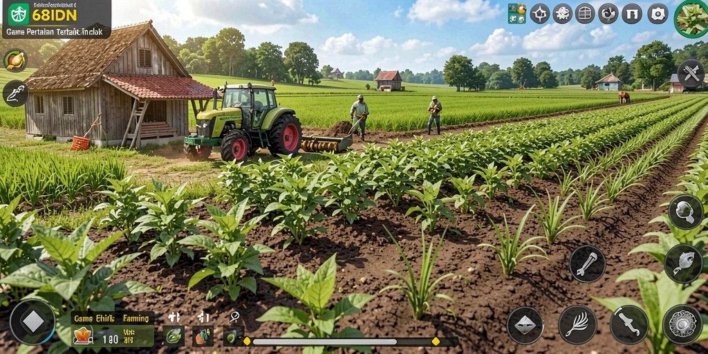 Screenshot utama dari gameplay 68IDN yang menampilkan aktivitas pertanian.