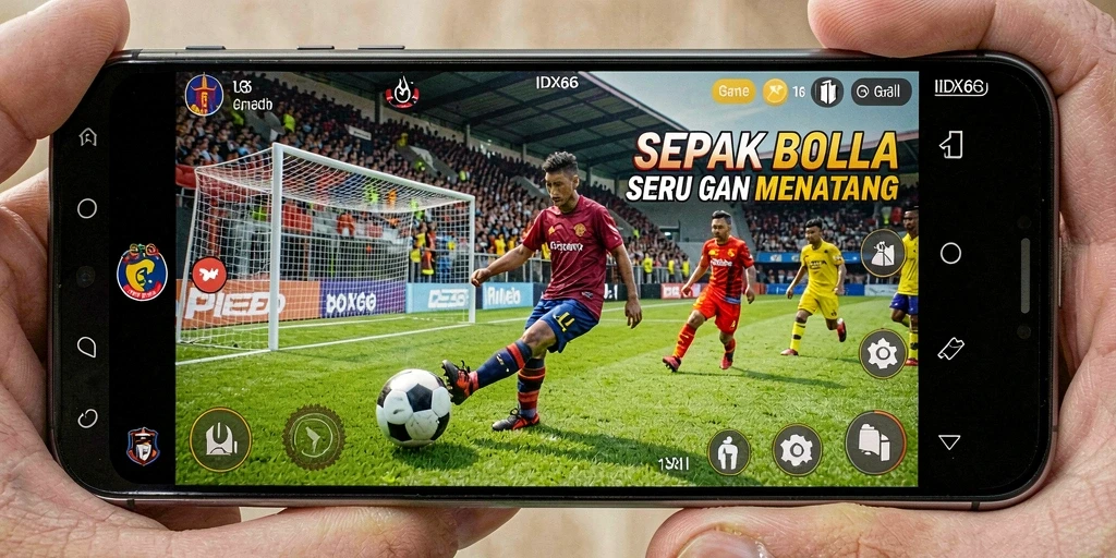 Screenshot game IDX66 menunjukkan aksi pertandingan sepak bola yang intens.
