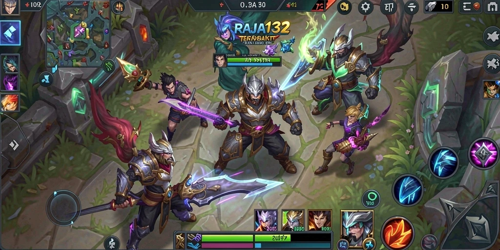 Tangkapan layar menunjukkan aksi seru dalam gameplay MOBA RAJA132.