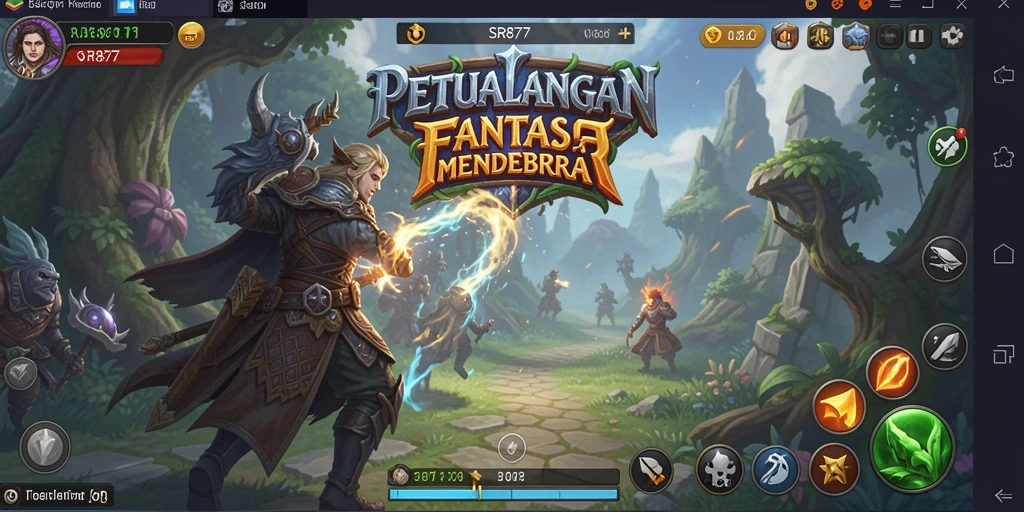 Screenshot gameplay SR877 menampilkan pertarungan epik dan pemandangan fantastis.